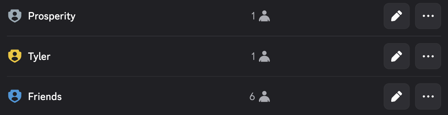 A server role list with the Prosperity role at the top, above the Tyler and Friends roles