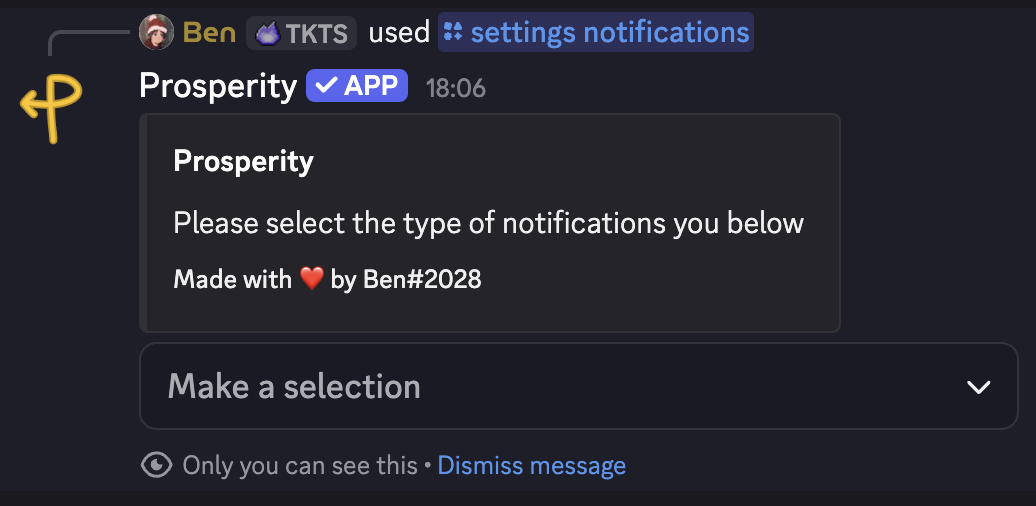 Prosperity asking you to select a notification type after running /settings notifications
