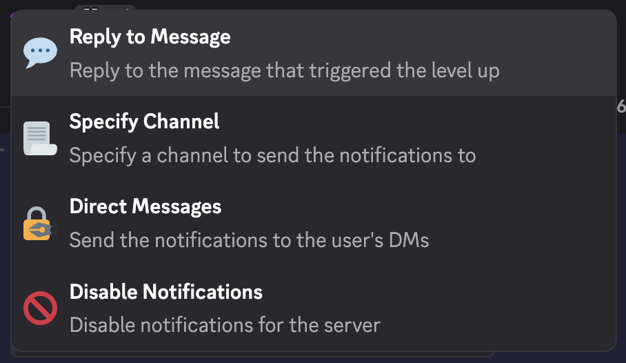 The notification type menu showing Reply to Message, Specify Channel, Direct Messages, and Disable Notifications